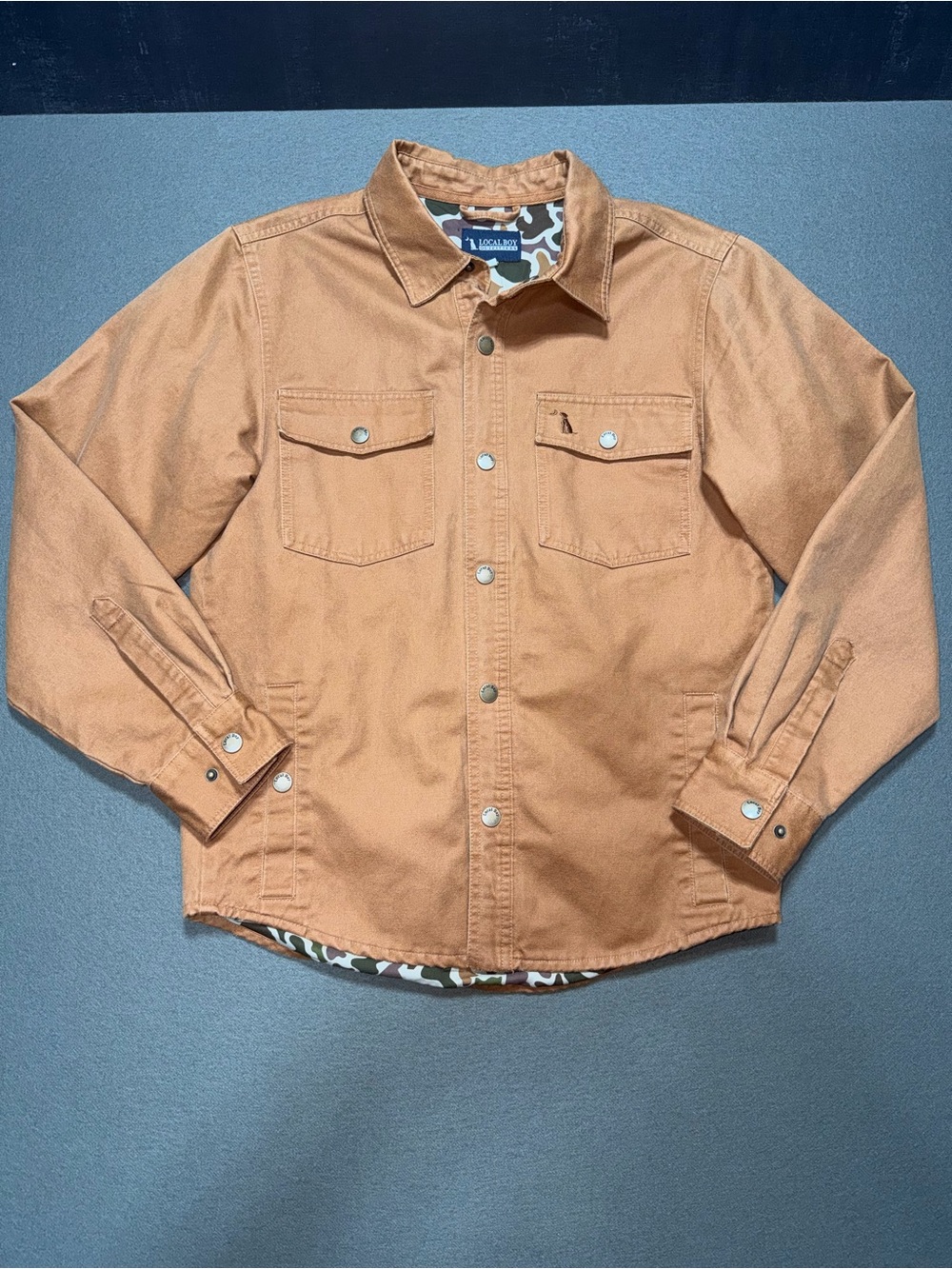 Local Boy Outfitters sportsman’s shacket waxed duck canvas. Camo lining. Size S